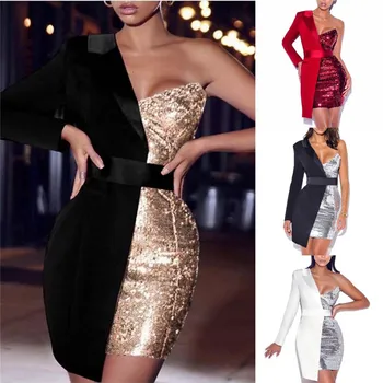 Naujas Atvykimo Moterų Suknelė Tiktų Blizgančiais Vieną Petį Ilgomis Rankovėmis Spliced Bodycon Mini Tvarstis Suknelė Vakare Šalis Suknelė