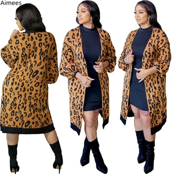 Rudenį, Žiemą Moterys Mezgimo Megztinis Leopardas Modelis Ilgomis Rankovėmis Megztinis Mados Ponios Outwear Paltai Lašas Laivybos