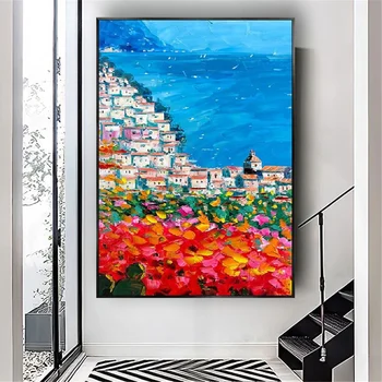 Viduržemio jūros regiono Sodo Sea View Sienų paveikslai Rankų darbo Aliejaus Tapybai gražus paveikslai tapyba Šiuolaikinės Drobė Namų Dekoro Sienos Menas